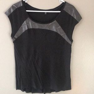 Black cap sleeve shirt with pleather accents